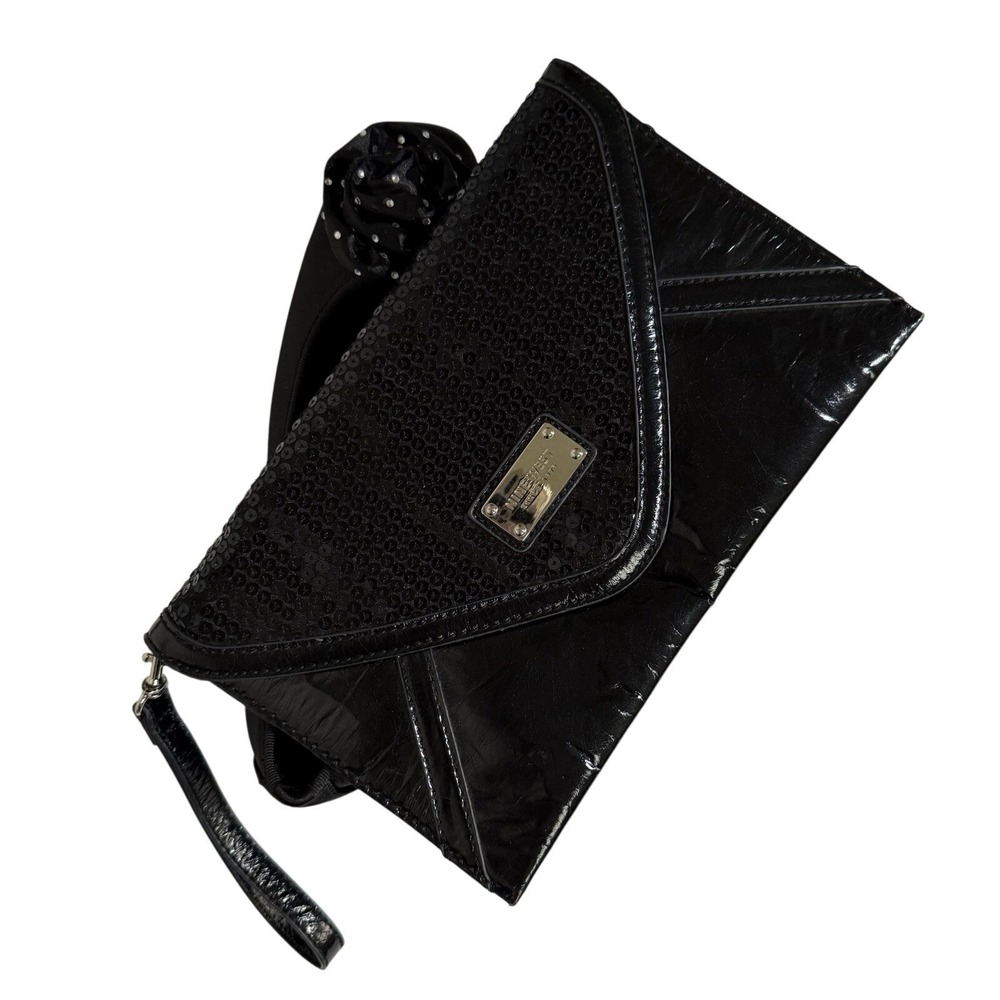 Women's Black Sequin Envelope Clutch Wristlet Patent Evening Party Handbag Purse - Picture 3 of 6